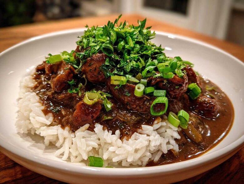 A close-up of rich, dark Chicken Étouffée served over fluffy white rice, heavily garnished with fresh parsley and green onions.