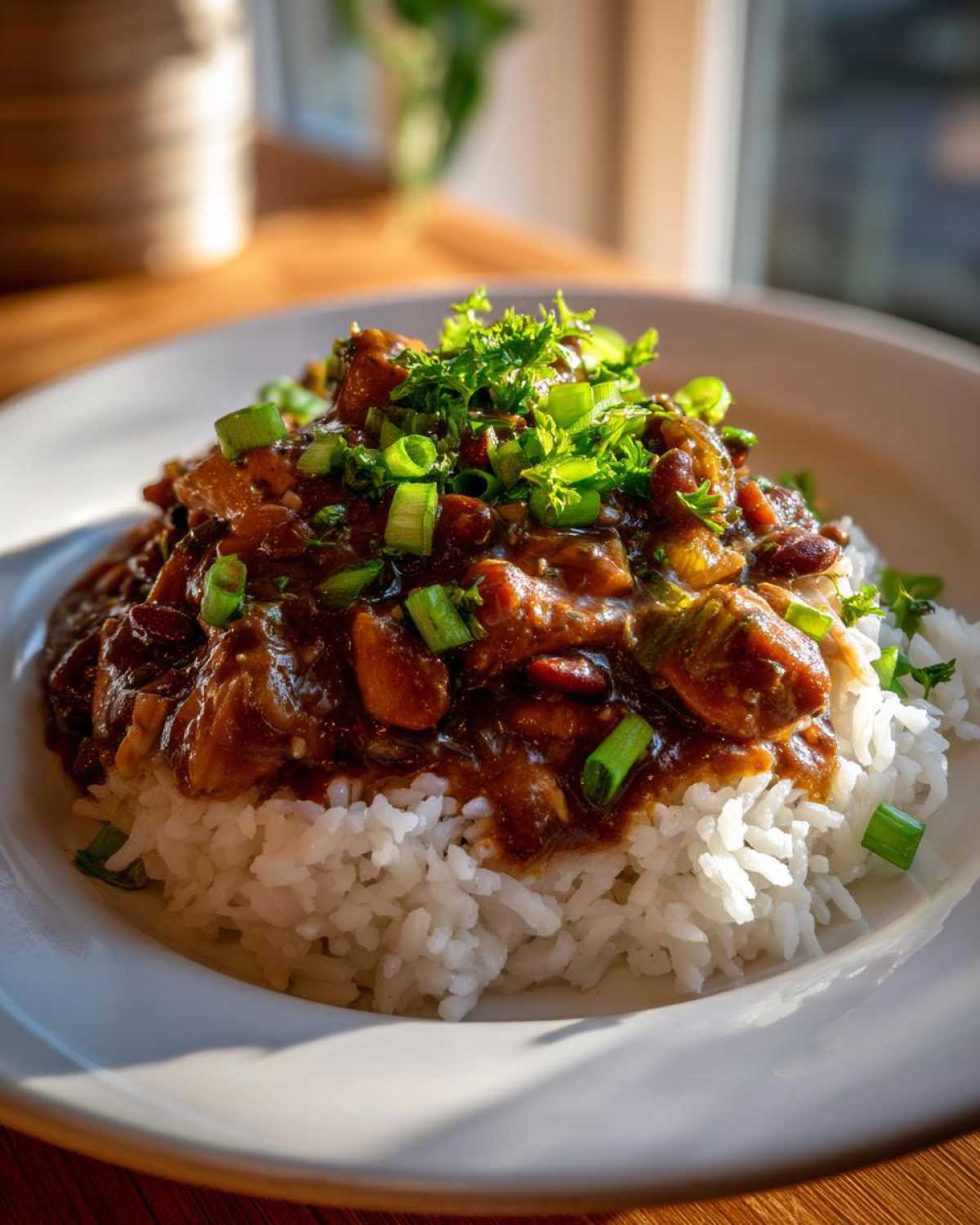 A close-up of a hearty serving of dark, rich Chicken Étouffée spooned over fluffy white rice, garnished with green onions.