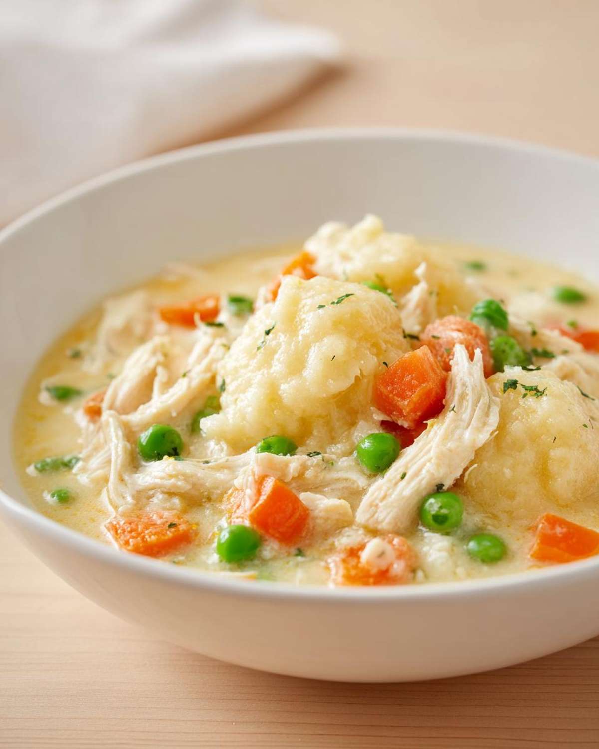 A close-up of a bowl of creamy Chicken Pot Pie Soup featuring shredded chicken, carrots, peas, and fluffy dumplings.