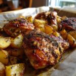 Close-up of a golden brown Chicken Potatoes Bake with crispy skin and rosemary seasoning.