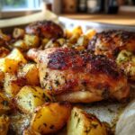 Close-up of a pan of amazing Chicken Potatoes Bake with crispy, seasoned chicken thighs and roasted potatoes.