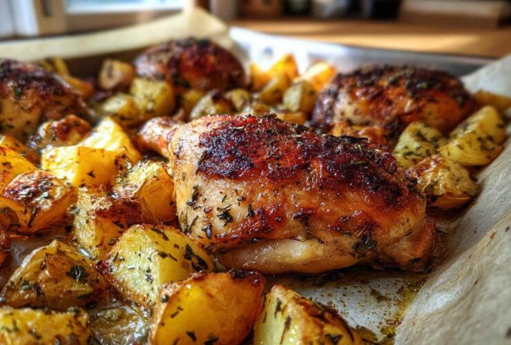Close-up of a pan of amazing Chicken Potatoes Bake with crispy, seasoned chicken thighs and roasted potatoes.