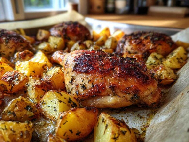 Close-up of a pan of amazing Chicken Potatoes Bake with crispy, seasoned chicken thighs and roasted potatoes.