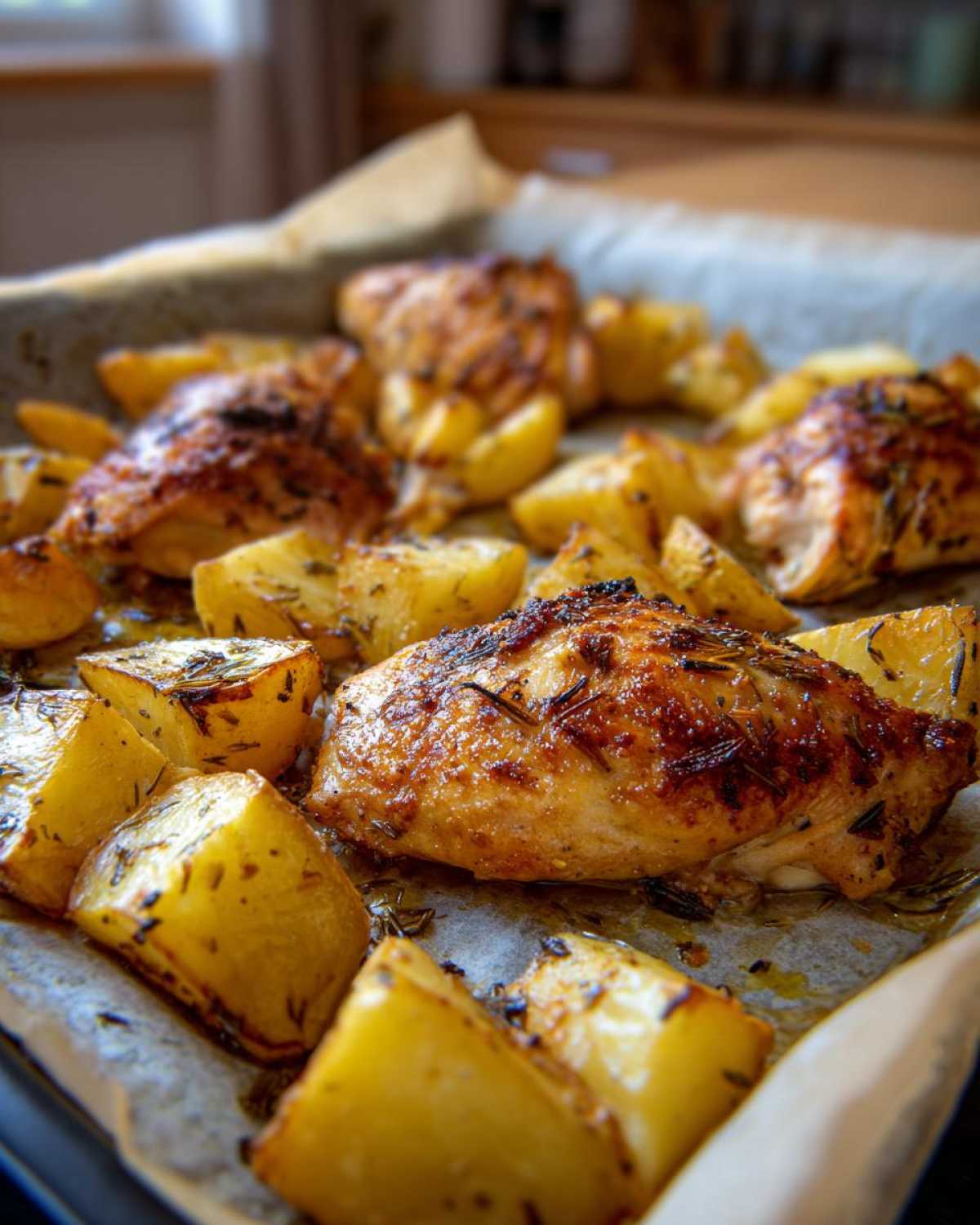 Close-up of golden brown Chicken Potatoes Bake pieces seasoned with rosemary on a parchment-lined tray.