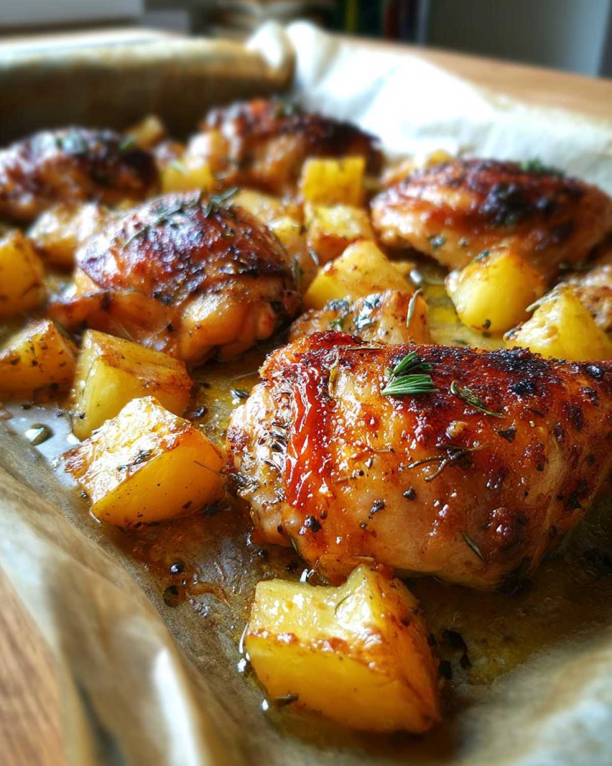 Close-up of crispy, glazed chicken thighs baked with golden roasted potatoes, perfect for a Chicken Potatoes Bake.