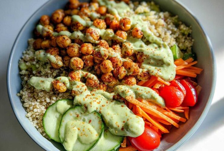 Overhead view of a vibrant Chickpea Grain Bowl with avocado lemon tahini dressing drizzled over roasted chickpeas and quinoa.