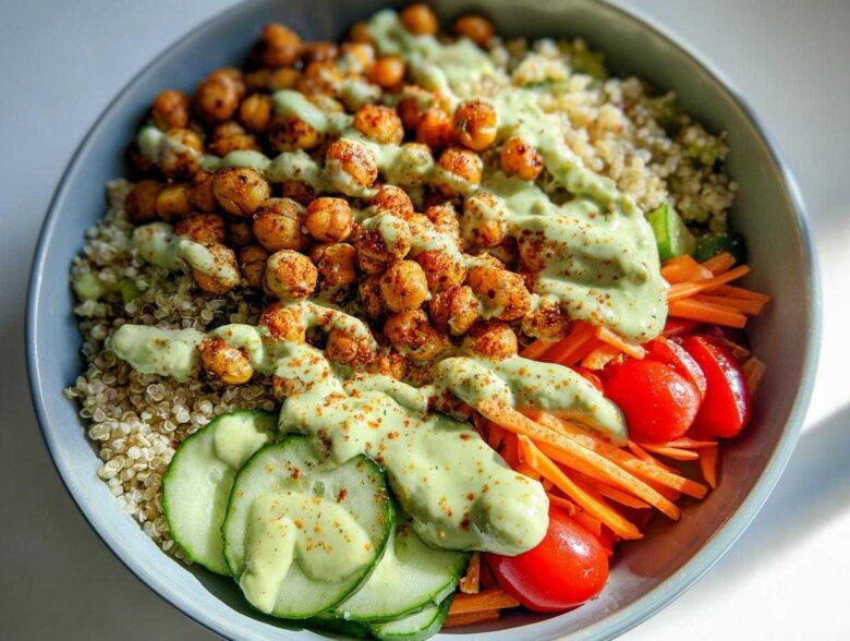 Overhead view of a vibrant Chickpea Grain Bowl with avocado lemon tahini dressing drizzled over roasted chickpeas and quinoa.