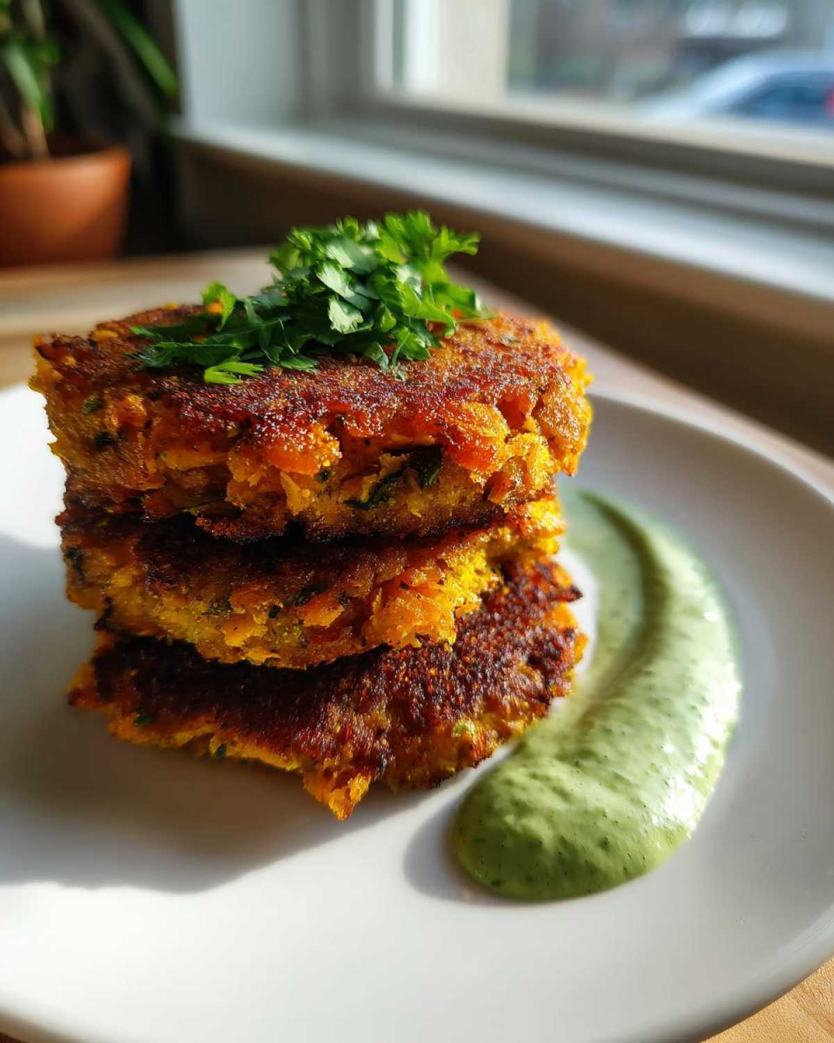 A stack of three golden brown Chickpea & Sweet Potato Fritters topped with fresh parsley, served with a swirl of green sauce.