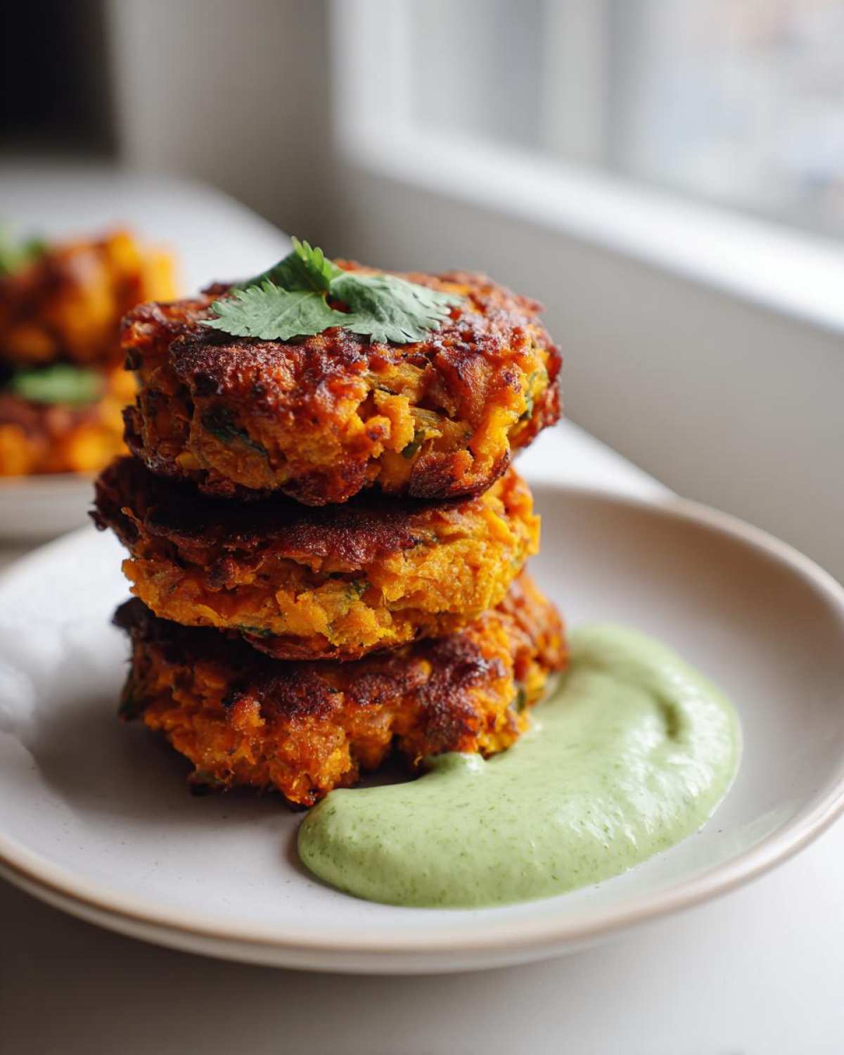 A stack of three golden brown Chickpea & Sweet Potato Fritters served with a swirl of green dipping sauce.