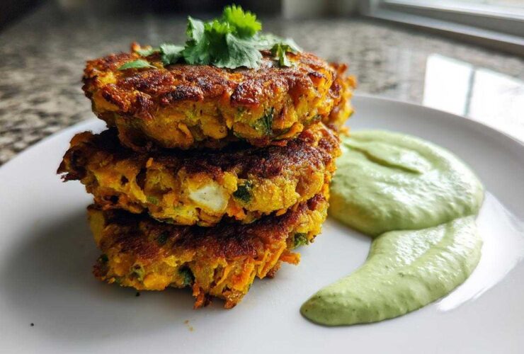 A stack of three golden-brown Chickpea & Sweet Potato Fritters served with a side of creamy green dipping sauce.