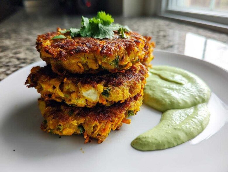 A stack of three golden-brown Chickpea & Sweet Potato Fritters served with a side of creamy green dipping sauce.
