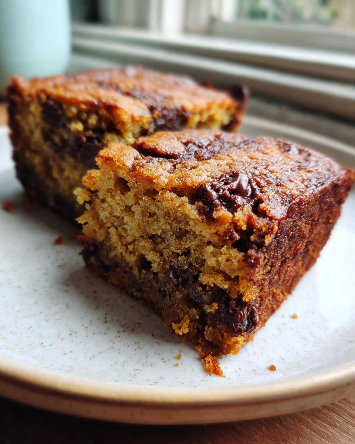 Two moist squares of Chocolate Chip Banana Bars with melted chocolate chunks served on a speckled white plate.