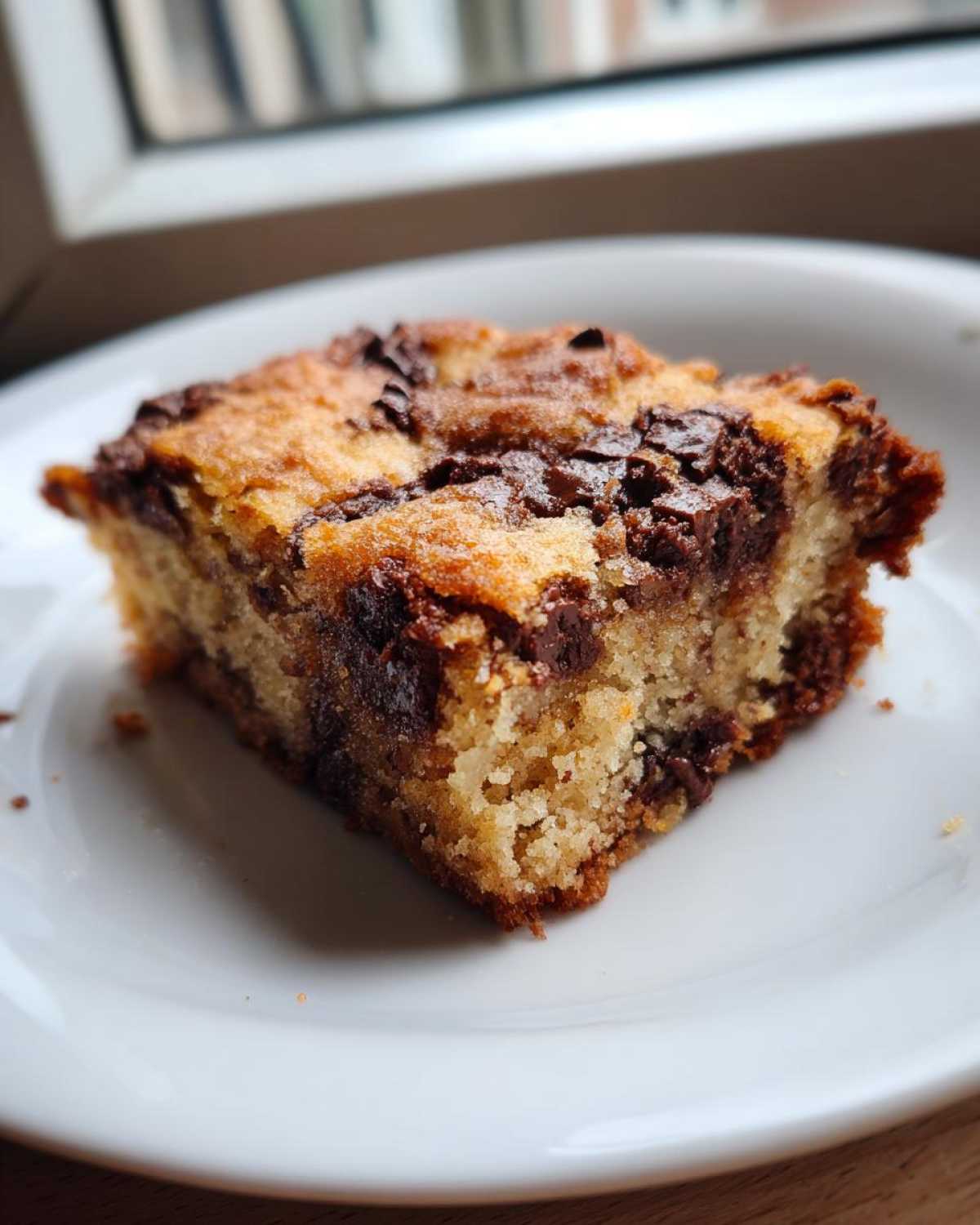 A close-up of a single, moist square of Chocolate Chip Banana Bars on a white plate.