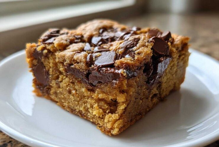 A thick, moist square of Chocolate Chip Banana Bars topped with melted chocolate chips, served on a white plate.