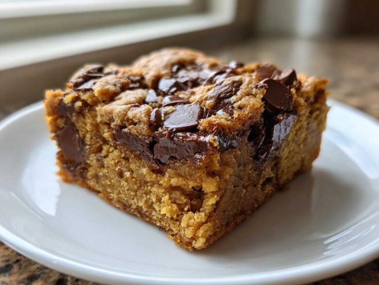 A thick, moist square of Chocolate Chip Banana Bars topped with melted chocolate chips, served on a white plate.