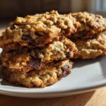 A stack of four freshly baked Chocolate Chip Banana Oatmeal Cookie treats on a white plate.