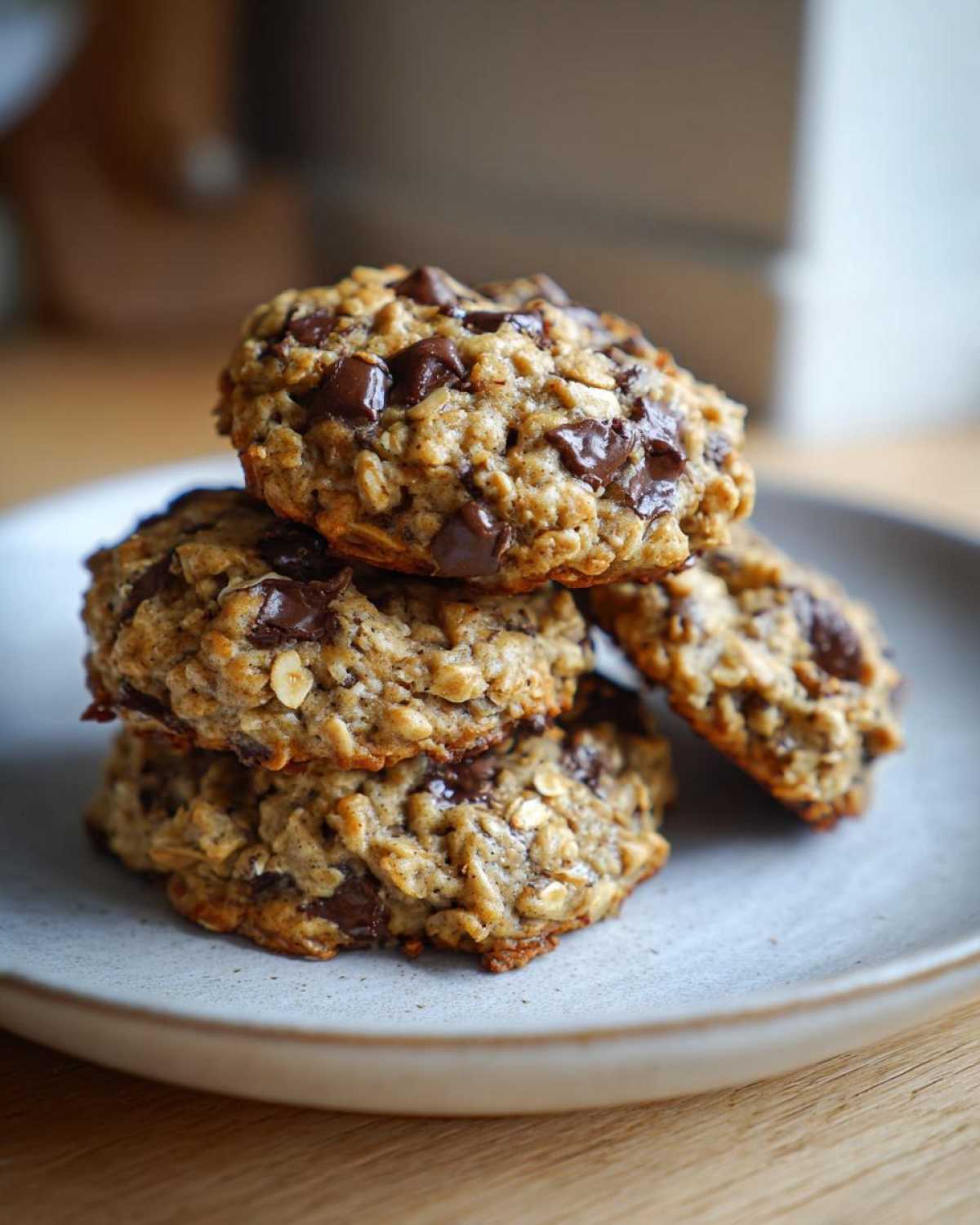 A stack of three freshly baked Chocolate Chip Banana Oatmeal Cookie treats piled on a light grey plate.