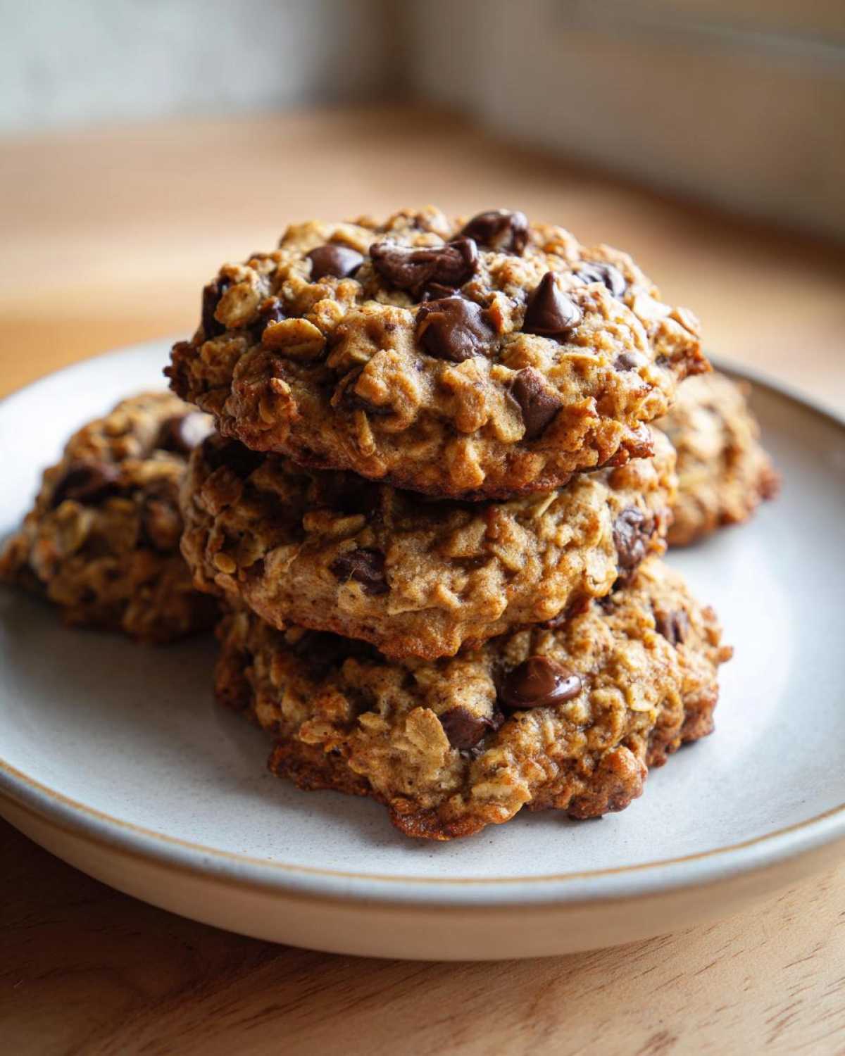 A stack of three thick Chocolate Chip Banana Oatmeal Cookie treats piled on a light ceramic plate.