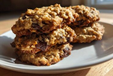 A stack of four freshly baked Chocolate Chip Banana Oatmeal Cookie treats on a white plate.