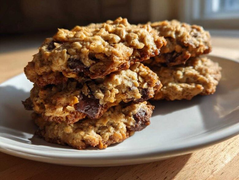 A stack of four freshly baked Chocolate Chip Banana Oatmeal Cookie treats on a white plate.