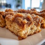 Close-up of three squares of coffee cake featuring a thick, sugary Cinnamon Coffee Cake Crumb Topping.