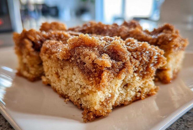 Close-up of three squares of coffee cake featuring a thick, sugary Cinnamon Coffee Cake Crumb Topping.