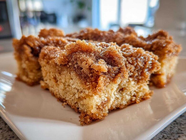 Close-up of three squares of coffee cake featuring a thick, sugary Cinnamon Coffee Cake Crumb Topping.