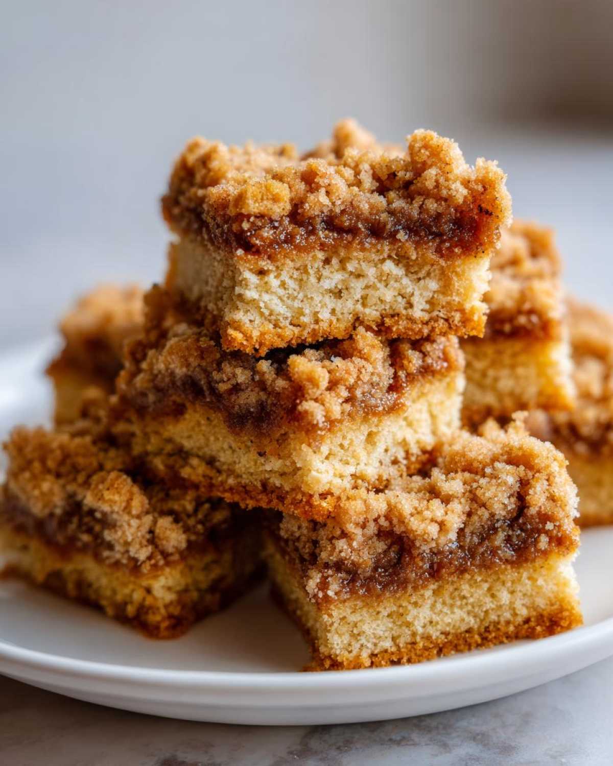 A stack of square coffee cake bars featuring a thick, buttery Cinnamon Coffee Cake Crumb Topping over a cake layer.