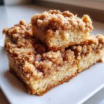 Three squares of coffee cake stacked, showcasing a thick, buttery Cinnamon Coffee Cake Crumb Topping.