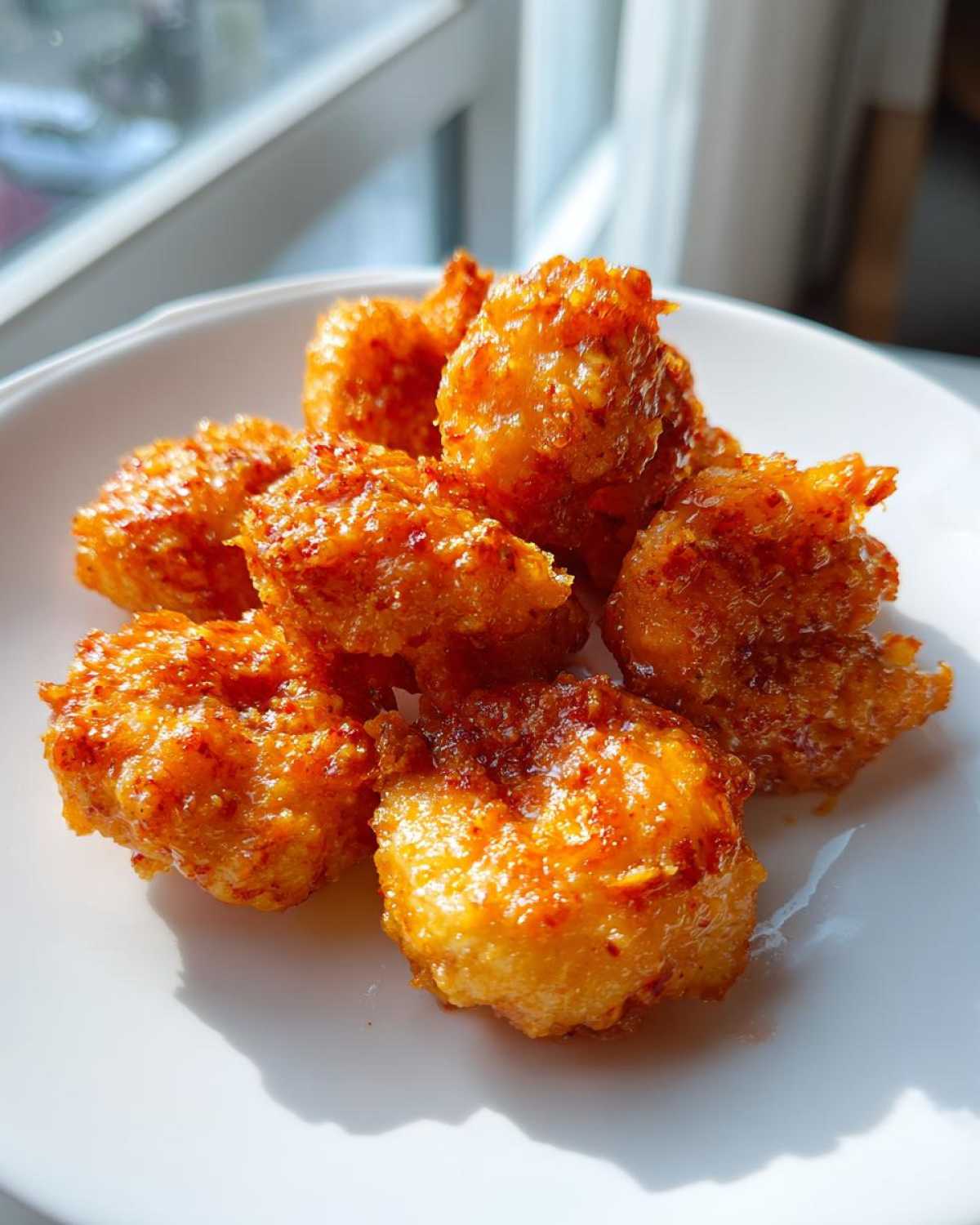 A close-up of several pieces of crispy, saucy Classic Bang Bang Shrimp served on a small white plate.