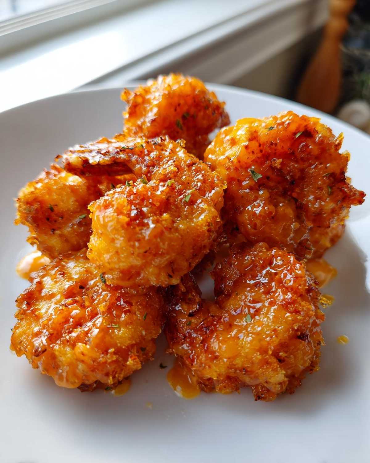 Five pieces of crispy, saucy Classic Bang Bang Shrimp served on a white plate.