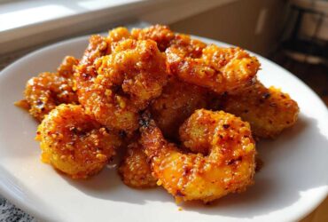 A close-up of crispy, saucy Classic Bang Bang Shrimp For One piled on a white plate.