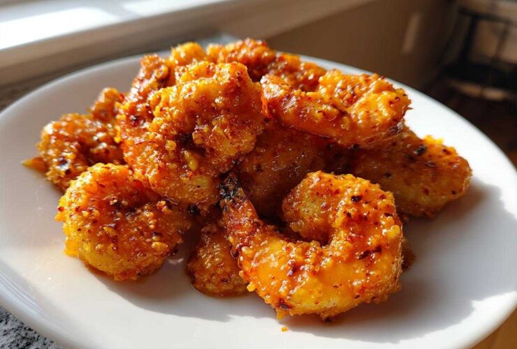 A close-up of crispy, saucy Classic Bang Bang Shrimp For One piled on a white plate.
