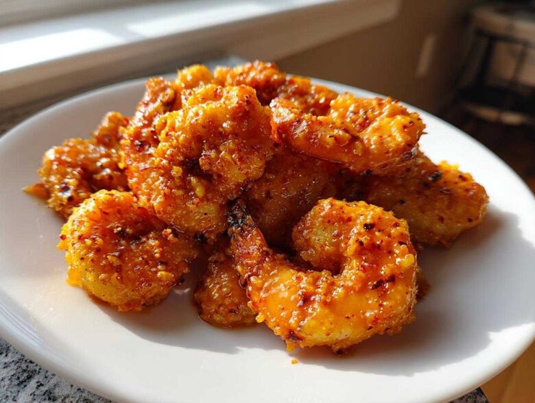 A close-up of crispy, saucy Classic Bang Bang Shrimp For One piled on a white plate.