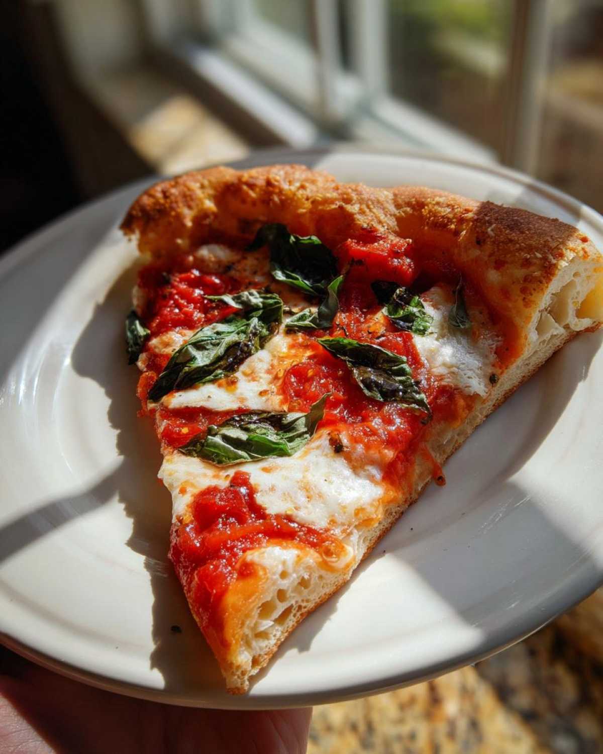 A slice of Classic Homemade Margherita Pizza featuring bright tomato sauce, melted mozzarella, and fresh basil leaves.