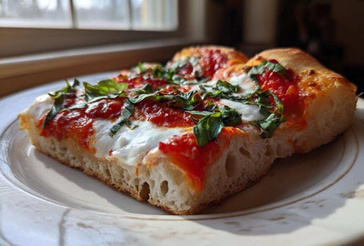 Close-up of two slices of Classic Homemade Margherita Pizza showing thick crust, melted mozzarella, red sauce, and fresh basil.