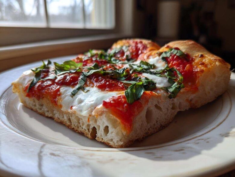 Close-up of two slices of Classic Homemade Margherita Pizza showing thick crust, melted mozzarella, red sauce, and fresh basil.