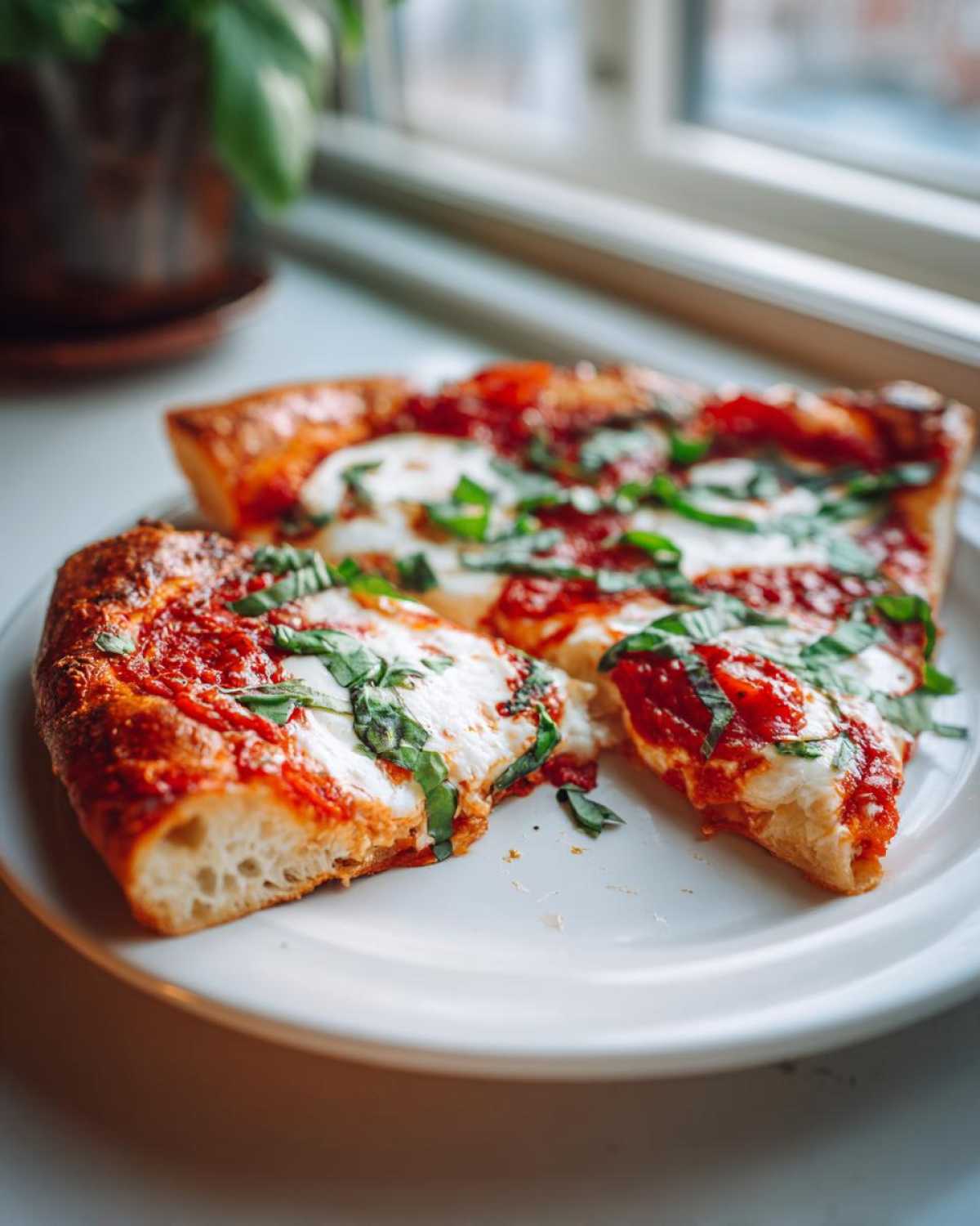 Three slices of Classic Homemade Margherita Pizza showing melted mozzarella, bright red sauce, and fresh basil on a white plate.