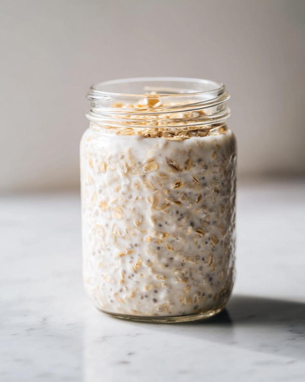 A glass jar filled with creamy Overnight Oats mixed with chia seeds, ready to eat.