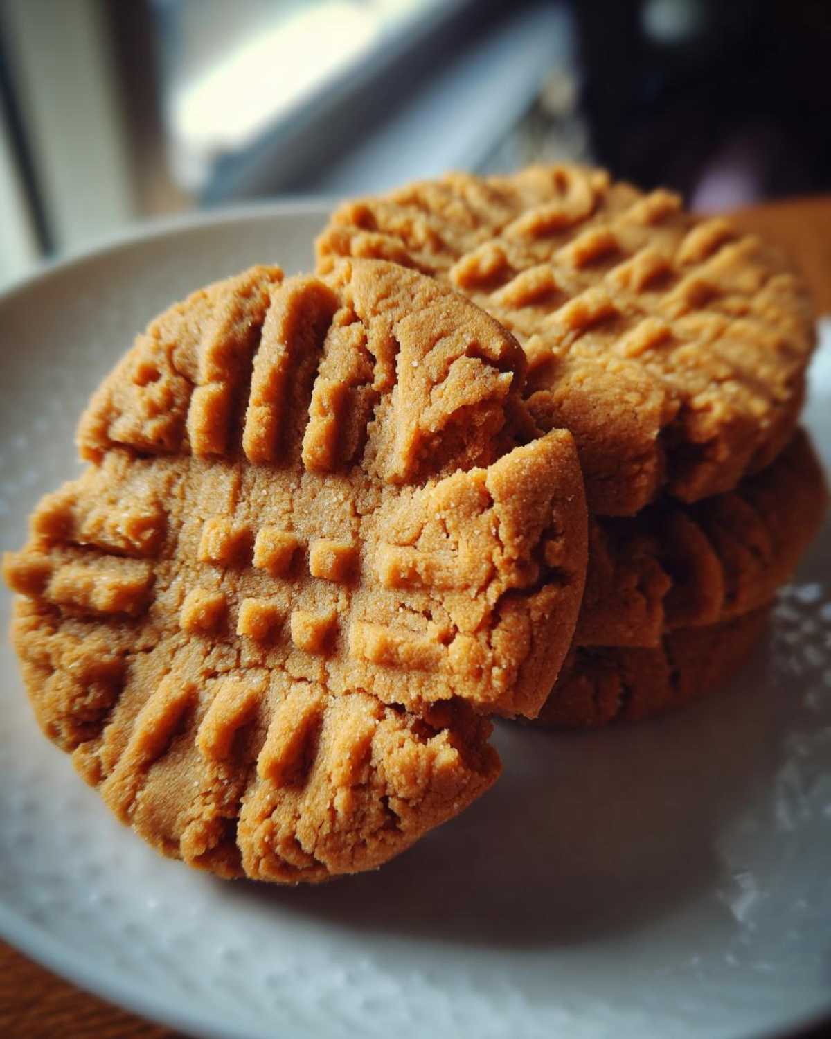 A stack of freshly baked Peanut Butter Cookies showing the classic criss-cross fork pattern on top.