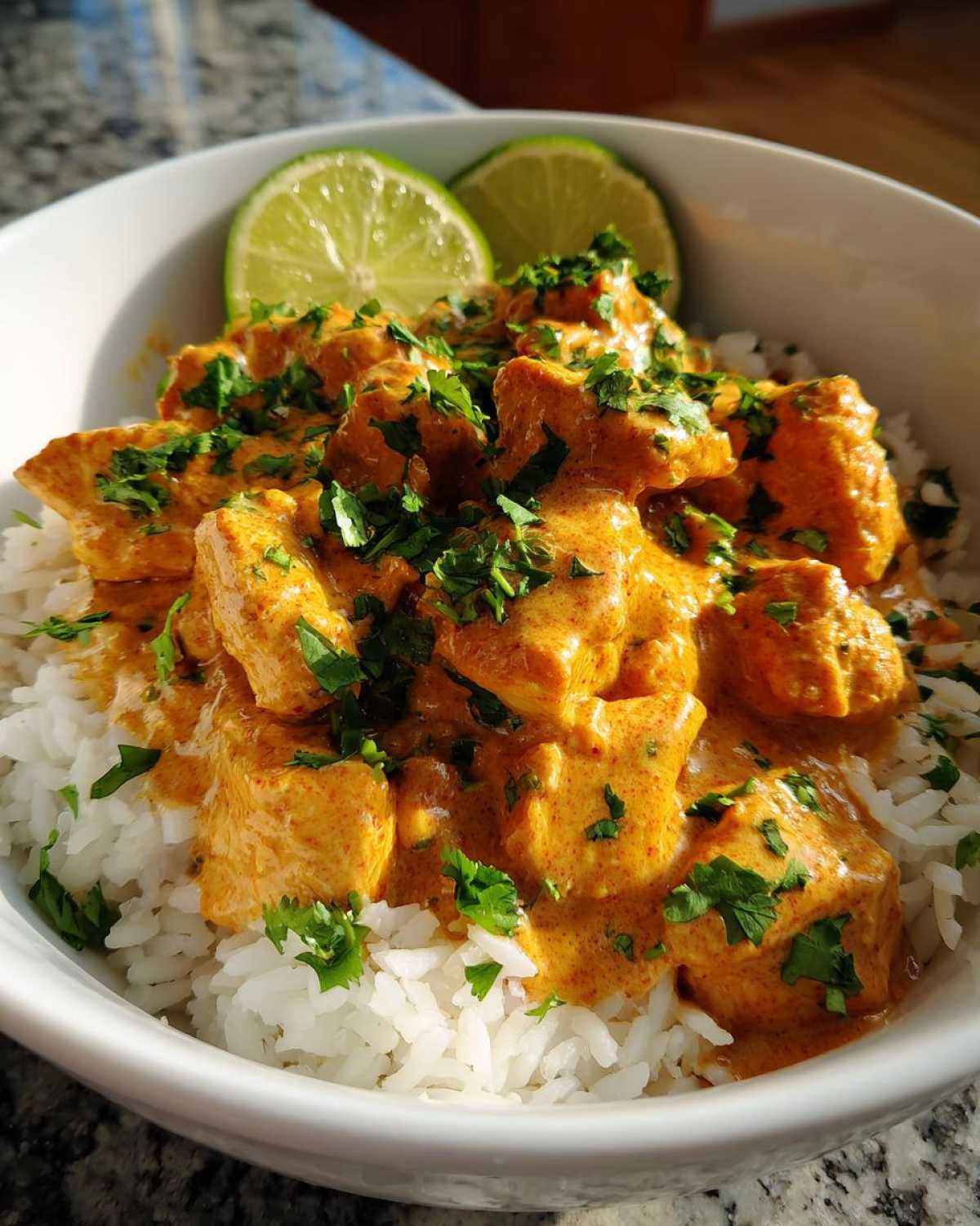 A close-up of a serving of Coconut Chicken Bowl featuring creamy orange sauce-coated chicken pieces over white rice, garnished with cilantro and lime wedges.