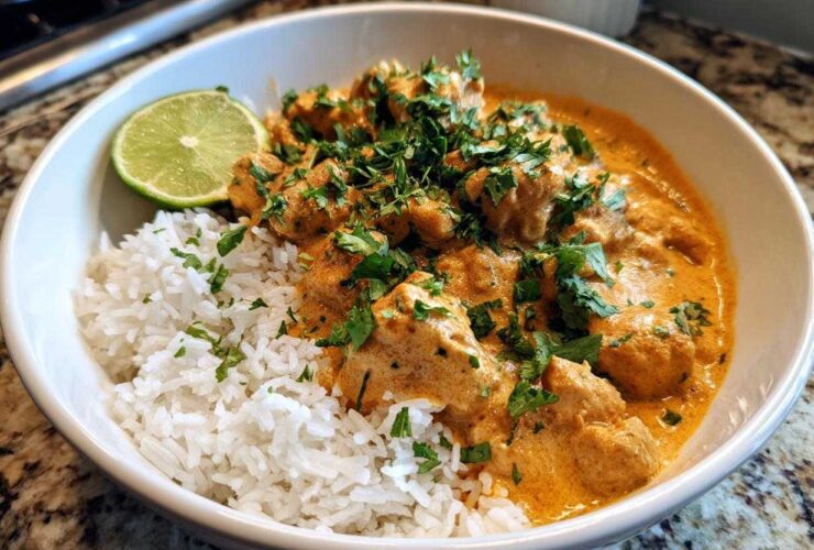 Close-up of a white bowl filled with creamy Coconut Chicken Bowl served over white rice, garnished with cilantro and a lime wedge.