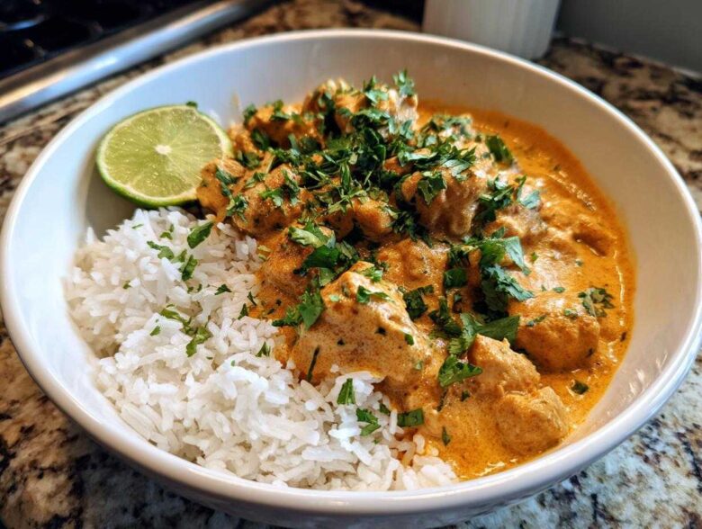 Close-up of a white bowl filled with creamy Coconut Chicken Bowl served over white rice, garnished with cilantro and a lime wedge.