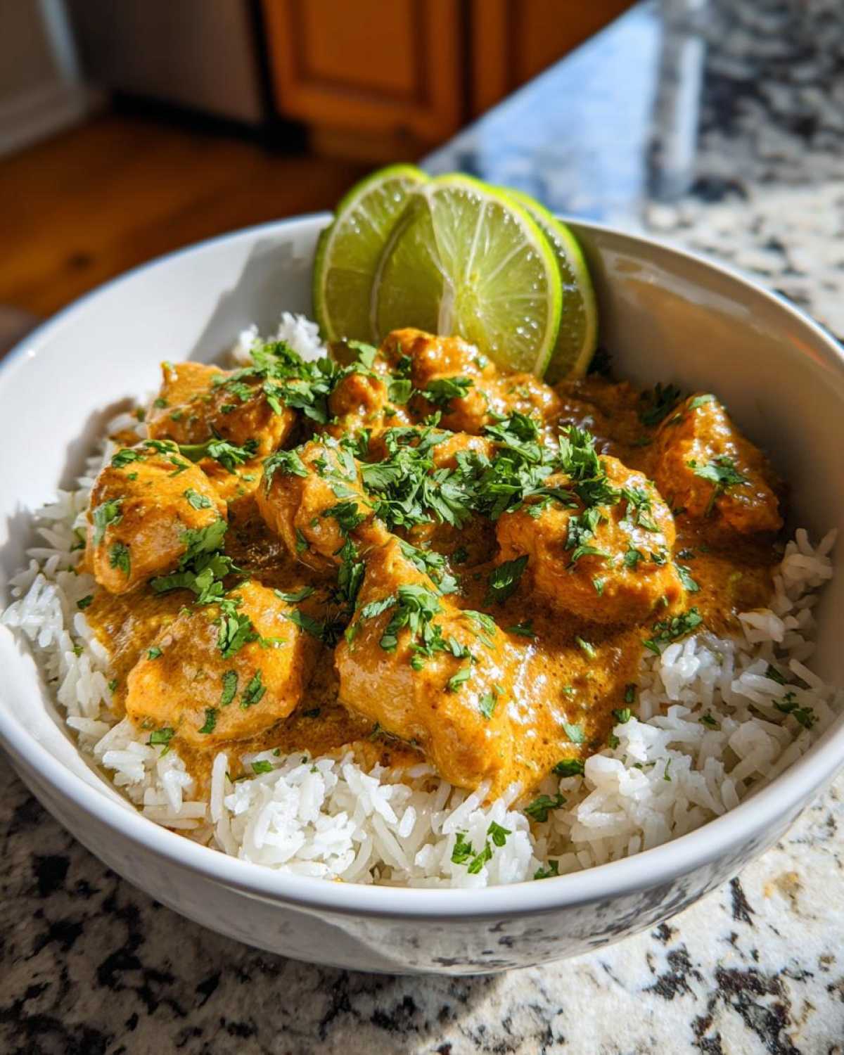 A close-up of a white bowl filled with white rice topped with creamy, orange Coconut Chicken Bowl, garnished with cilantro and lime wedges.