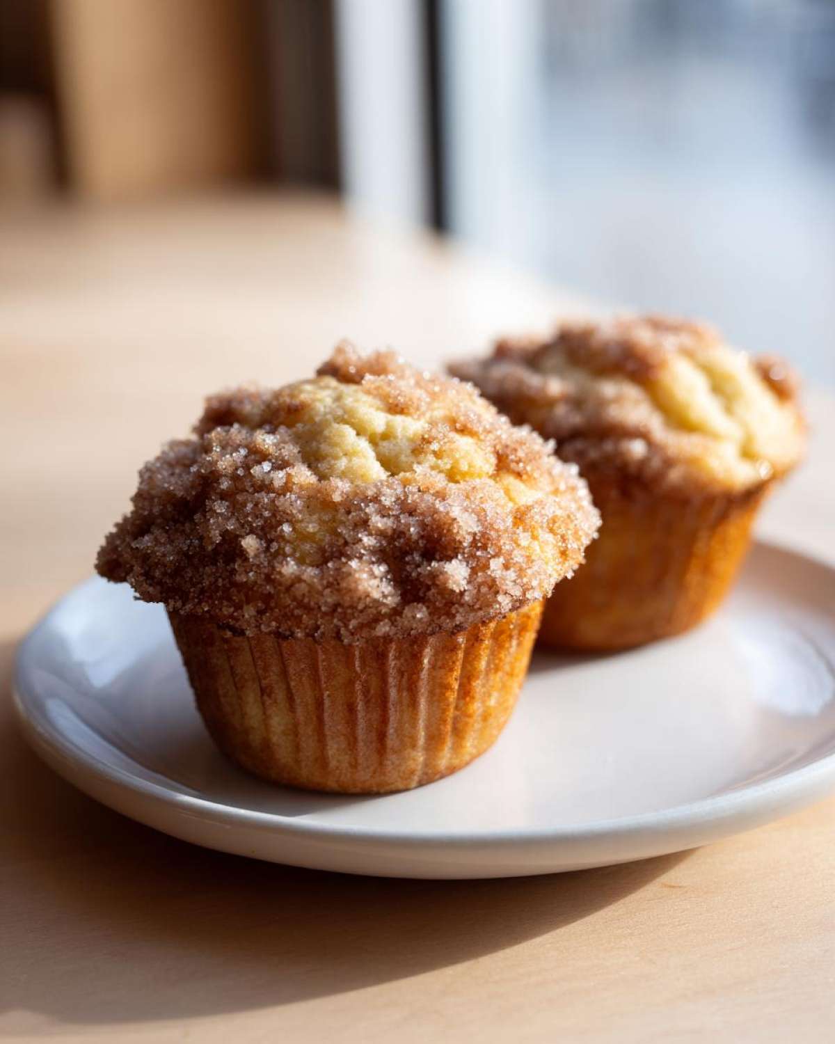 Two delicious Coffee Cake Muffins topped with a thick layer of cinnamon streusel sugar, served on a white plate.