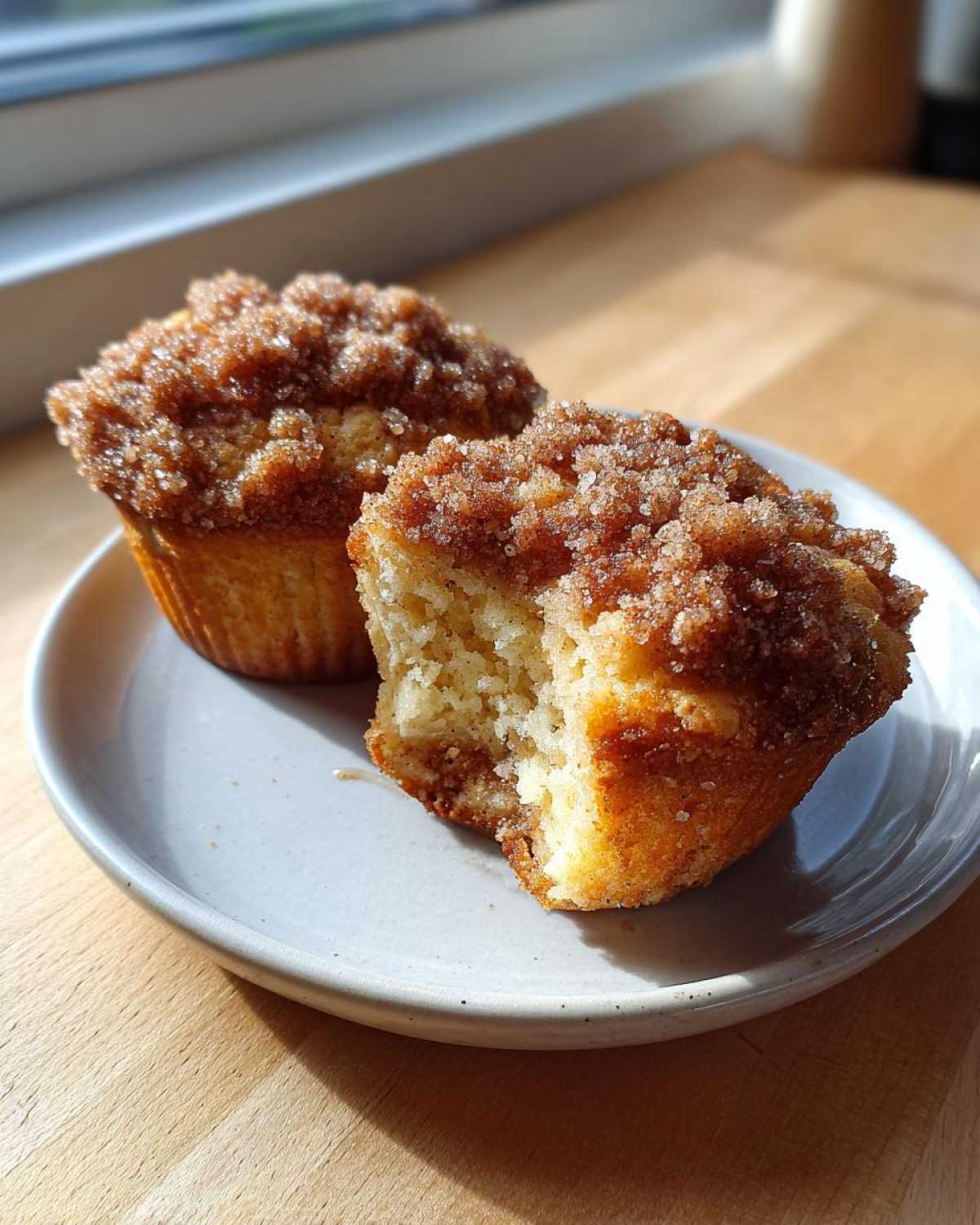 Two homemade Coffee Cake Muffins, one broken open to show the tender interior and thick cinnamon streusel topping.