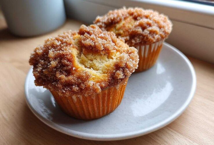 Two Coffee Cake Muffins with a thick, sugary cinnamon crumb topping resting on a small white plate.