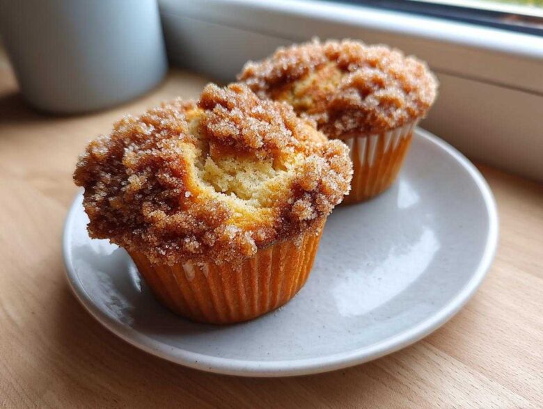 Two Coffee Cake Muffins with a thick, sugary cinnamon crumb topping resting on a small white plate.