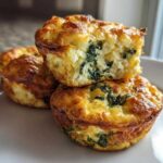 Three golden brown Cottage Cheese Egg Bites stacked on a white plate, one is cut open showing spinach filling.