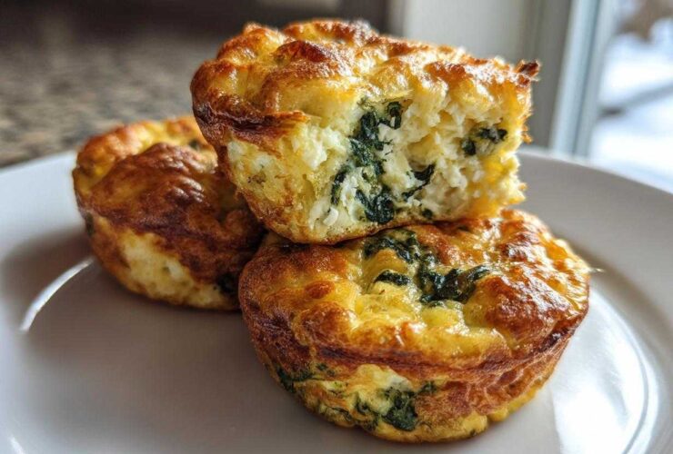Three golden brown Cottage Cheese Egg Bites stacked on a white plate, one is cut open showing spinach filling.